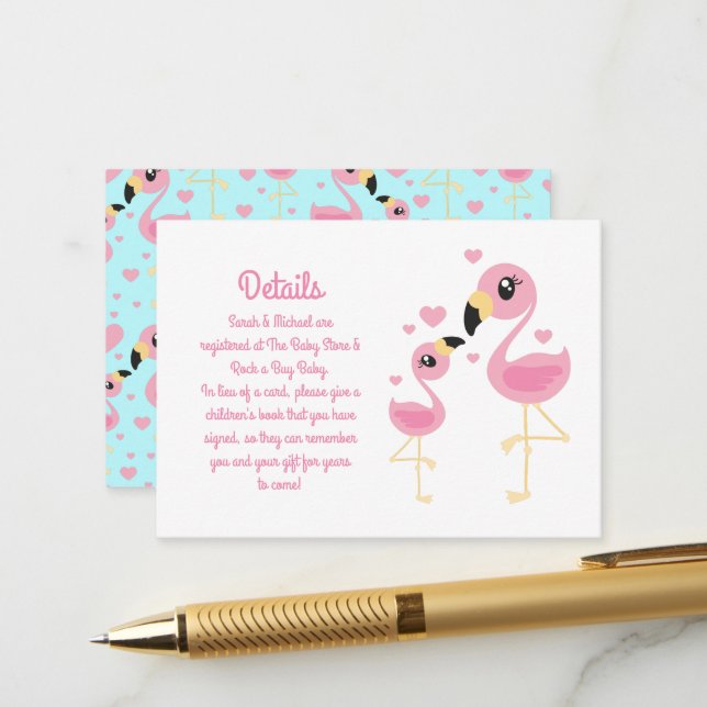 Carte D'accompagnement Baby shower Flamant rose rose (Devant/Arrière en situation)