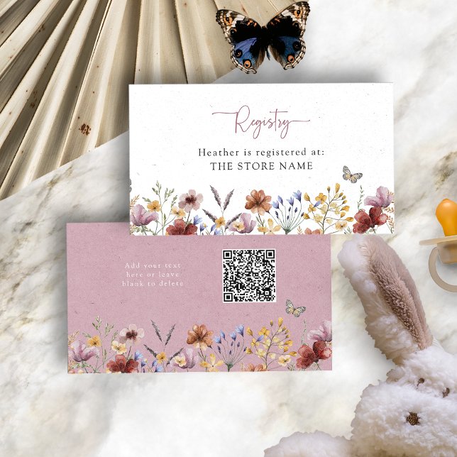 Carte D'accompagnement Baby shower Fleur sauvage rose (Dusty Pink Wildflowers Baby Shower Enclosure Card with QR Code by Painted Paperie
)