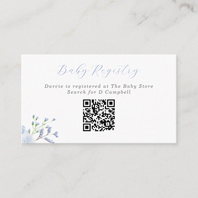 Carte D'accompagnement Baby shower floral bleu registre bébé QR Code (Devant)