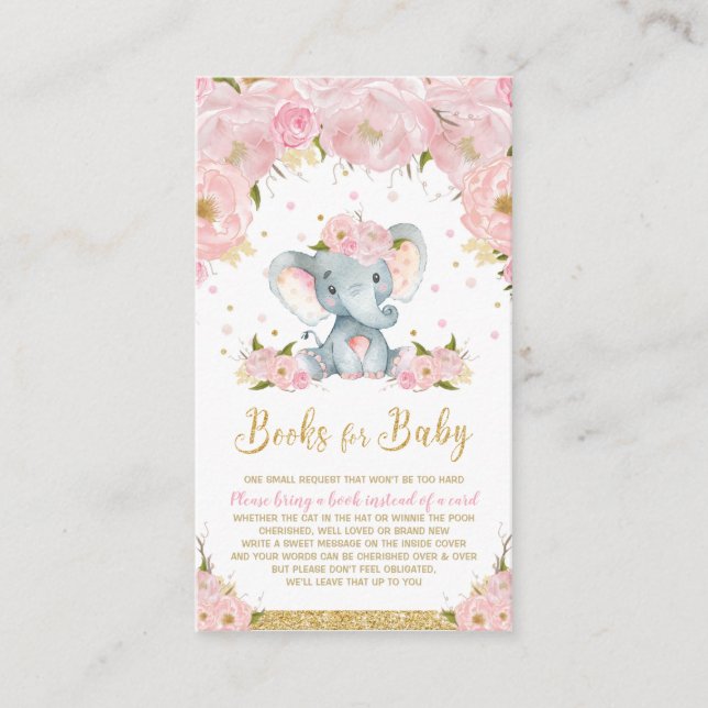 Carte D'accompagnement Baby shower floral éléphant Apportez un livre (Devant)
