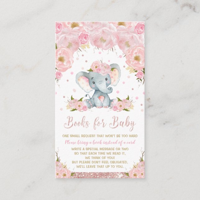 Carte D'accompagnement Baby shower floral rose éléphant Apportez un livre (Devant)