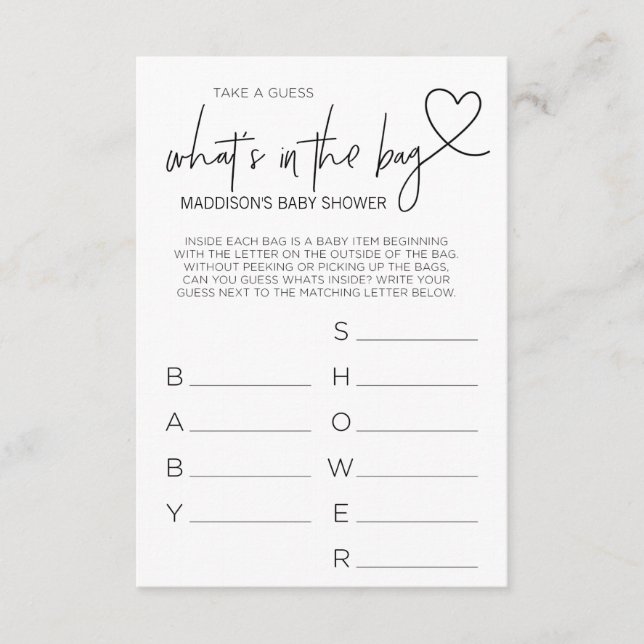 Carte D'accompagnement Baby shower Games Devine Ce Qui Se Trouve Dans La  (Devant)