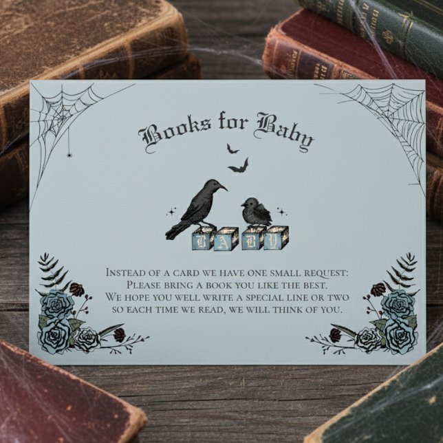 Carte D'accompagnement Baby shower gothique bleu Corbeau noir Livres pour (Cute Floral Gothic Halloween Baby Shower Books for Baby Blue Enclosure Card. Black Raven & Baby Bird)