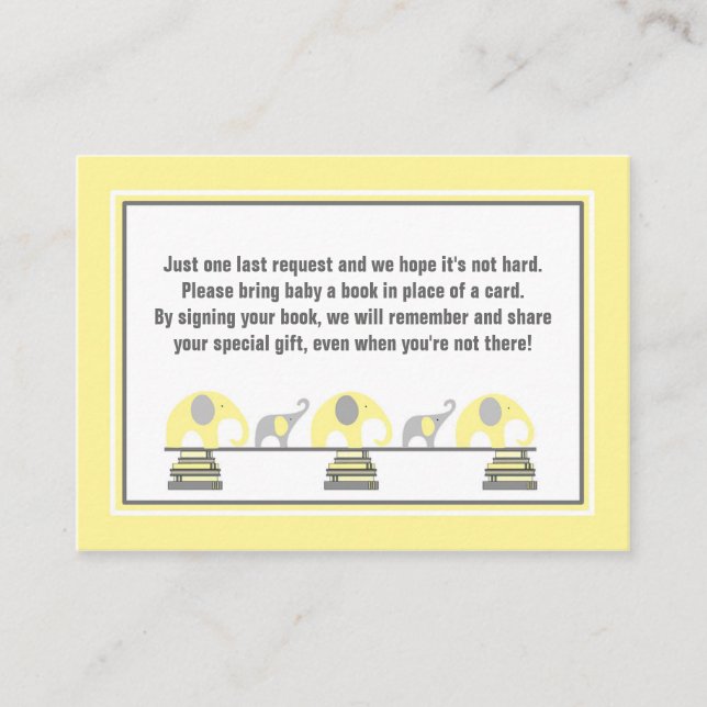 Carte D'accompagnement Baby shower livre insérer éléphants gris jaune (Devant)