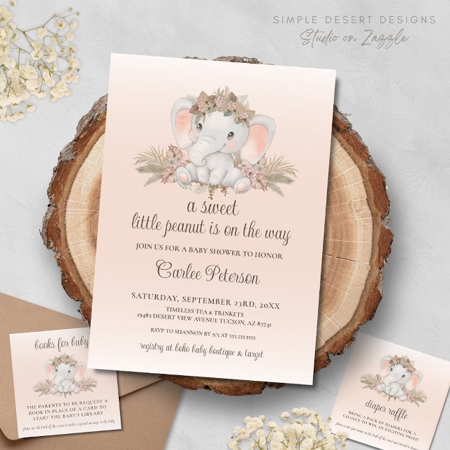Carte D'accompagnement Baby shower moderne Boho Elephant Demande de réser (Boho Elephant Baby Shower Enclosure Cards Diaper Raffle & Books for Baby with Invitation)