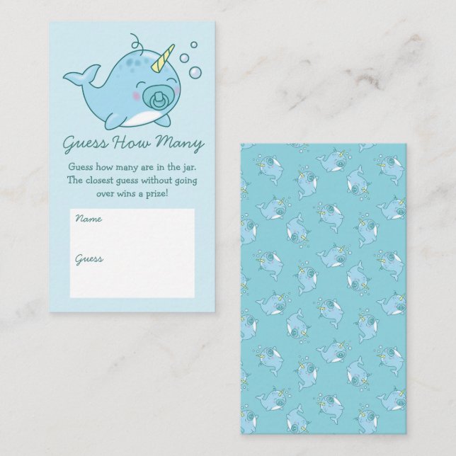 Carte D'accompagnement Baby shower Narwhal Mignon Devine Combien De Garço (Devant / Derrière)