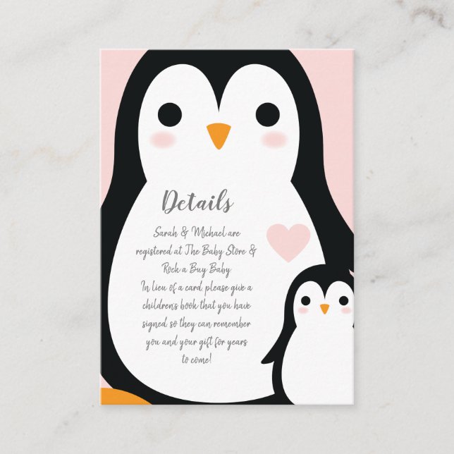 Carte D'accompagnement Baby shower Pingouin mignon fille rose (Devant)