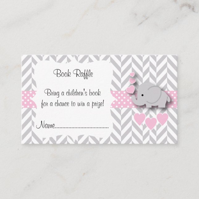 Carte D'accompagnement Baby shower rose, blanc gris éléphant livre Raffle (Devant)