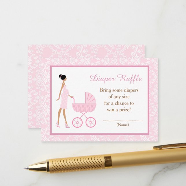 Carte D'accompagnement Baby shower rose Damask Afrique-Amérique Raffle (Devant/Arrière en situation)