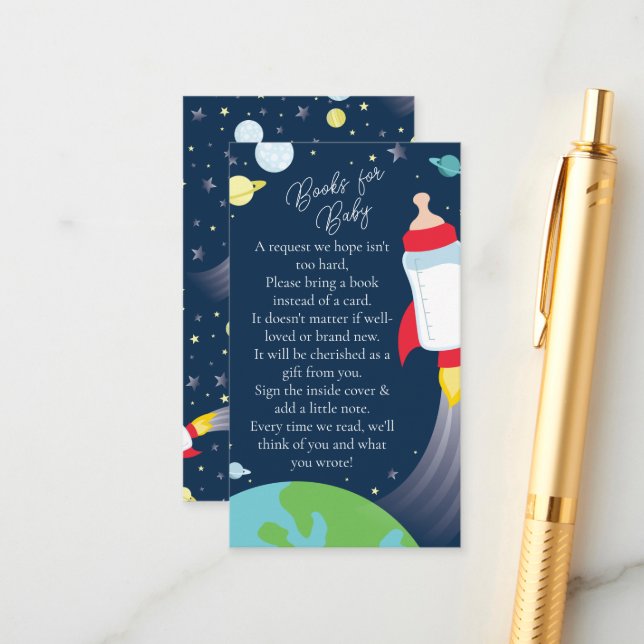 Carte D'accompagnement Baby shower spatial Rocket Books for Baby (Devant/Arrière en situation)