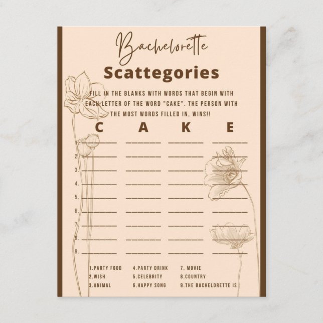 Carte D'accompagnement Bachelorette Scattegories Partie (Devant)