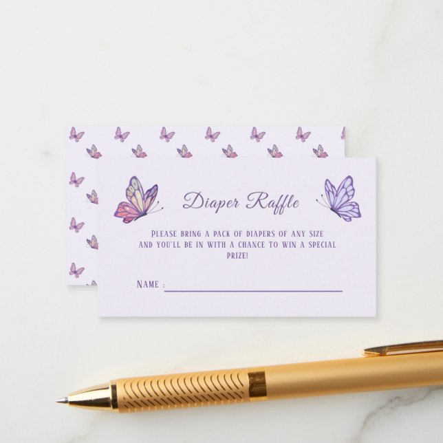 Carte D'accompagnement Baisers papillon Baby shower violet (Devant/Arrière en situation)