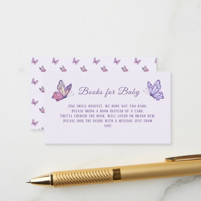 Carte D'accompagnement Baisers papillon Baby shower violet (Devant/Arrière en situation)