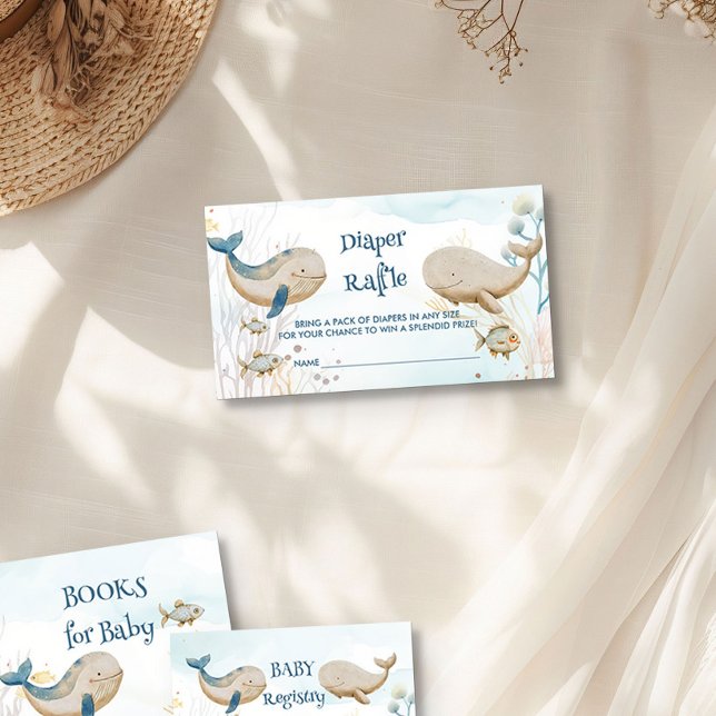 Carte D'accompagnement Baleine Baby shower Bleu Beige Déchet Raffle (Diaper Raffle Ticket from the Whale Baby Shower Collection by Darling & May)