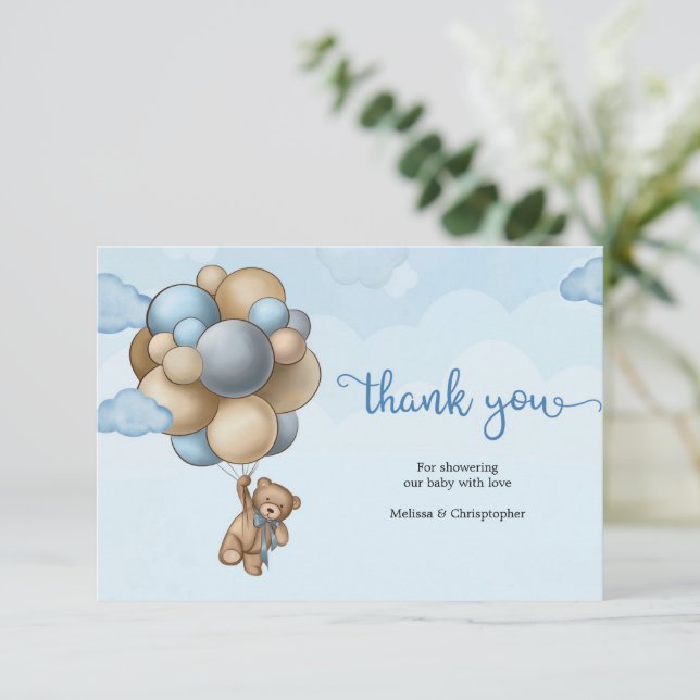 Carte D'accompagnement Ballons de bébé ours brun bleu beige merci (Debout devant)