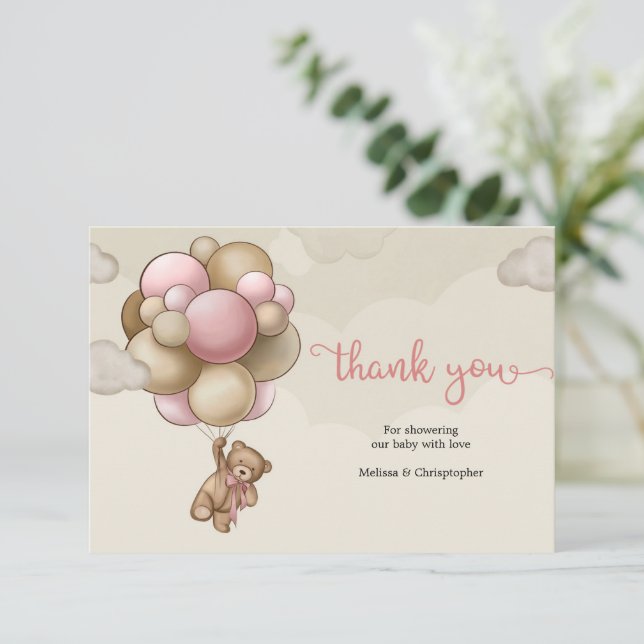 Carte D'accompagnement Ballons de bébé ours brun rose beige merci (Debout devant)