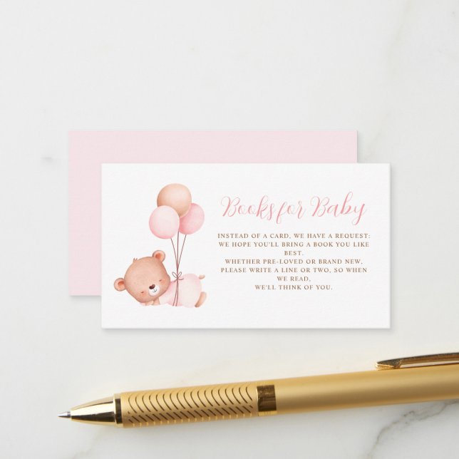 Carte D'accompagnement Ballons roses Baby shower Ours en Teddy (Devant/Arrière en situation)