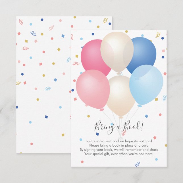 Carte D'accompagnement Balloons et Confetti Bleus Rose Apportez un livre (Devant / Derrière)