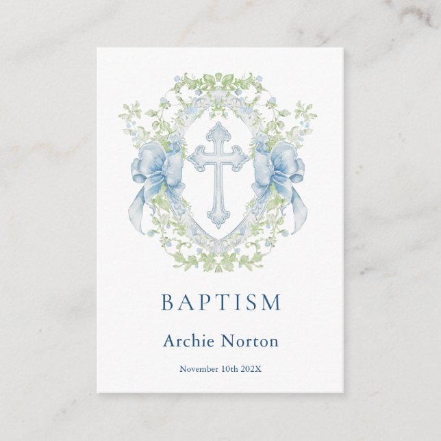 Carte D'accompagnement Baptême Croix Crest Verdure Baby Boy (Devant)