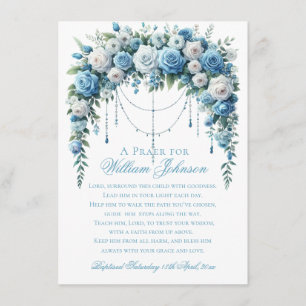 Carte D'accompagnement Baptême Rose Bleue & Croix d'Argent