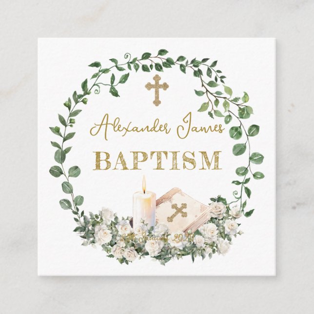 Carte D'accompagnement Baptism Eucalyptus Roses Cross  (Devant)