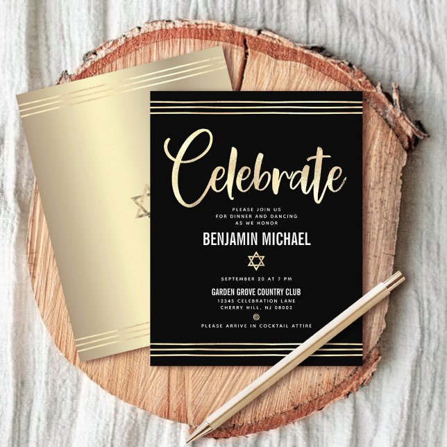 Carte D'accompagnement Bar Mitzvah Black Gold Foil Talscript moderne (Créateur téléchargé)