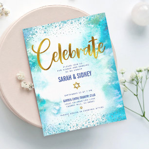 Carte D'accompagnement Bar Mitzvah moderne or turquoise aquarelle