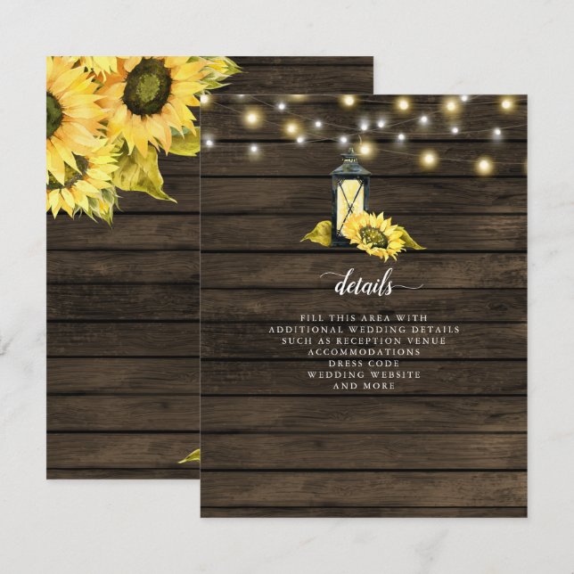 Carte D'accompagnement Barne Bois Chaîne Lumières Tournesols Mariage (Devant / Derrière)