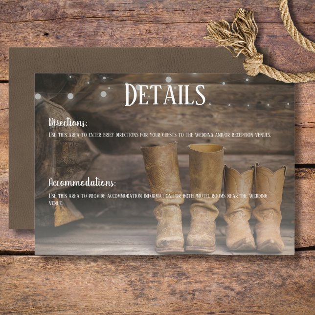 Carte D'accompagnement Barne & Boots Rustic Cowboy Western Détails du Mar (Rustic Boots for Two Cowboy Wedding Details Enclosure Card)