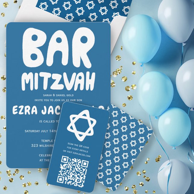 Carte D'accompagnement Barre de CODE QR personnalisée super Bat mitzvah É (Groovy Custom QR CODE Bar Bat Mitzvah Blue Stars Enclosure Card
)