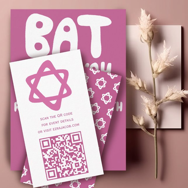 Carte D'accompagnement Barre de CODE QR personnalisée super Étoiles roses (Groovy Custom QR CODE Bar Bat Mitzvah Pink Stars Enclosure Card
)