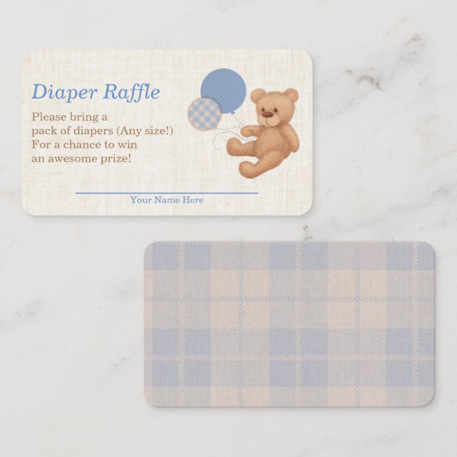 Carte D'accompagnement Barreau Baby shower de couche bleu Plaid Teddy Bea (Devant / Derrière)