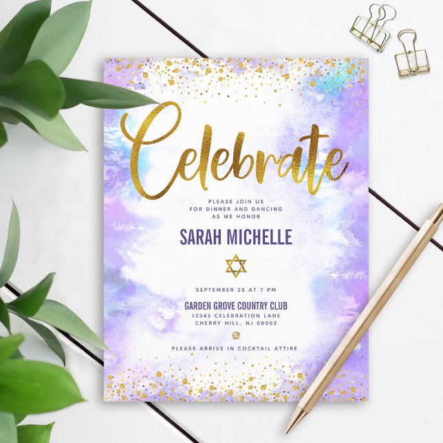 Carte D'accompagnement Bat mitzvah doré moderne feuille d'or violet aquar (Créateur téléchargé)