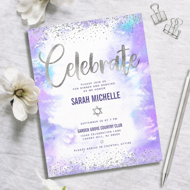 Carte D'accompagnement Bat mitzvah moderne feuille argent violet aquarell (Créateur téléchargé)