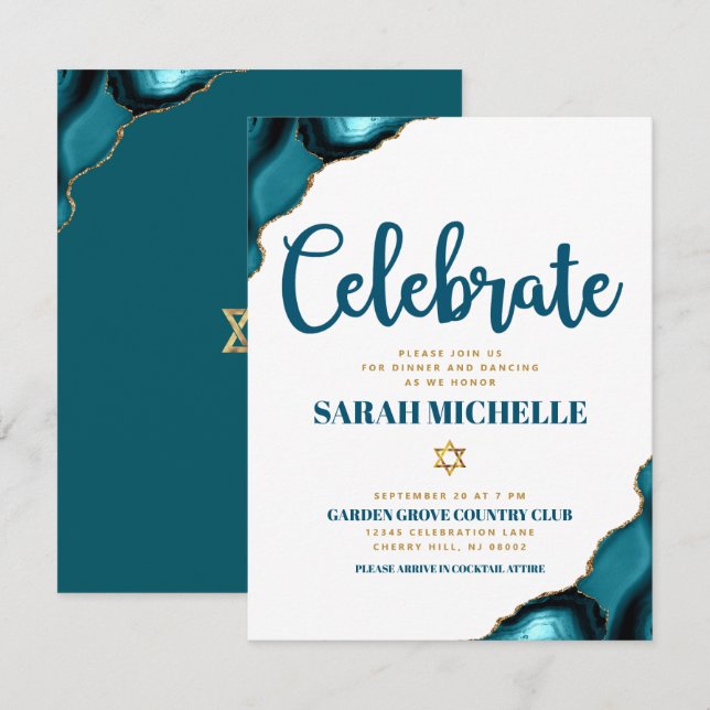 Carte D'accompagnement Bat mitzvah Moderne Or Turquoise Agate Script (Devant / Derrière)