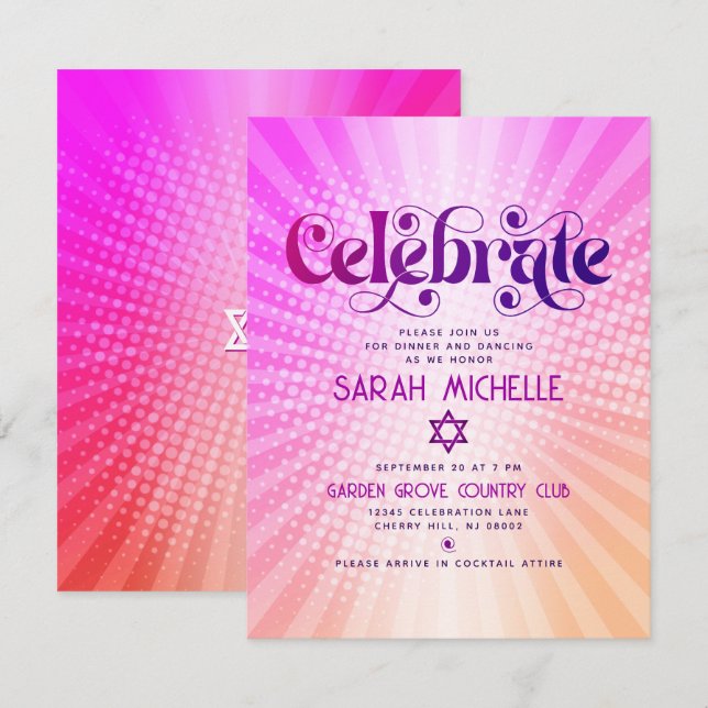 Carte D'accompagnement Bat mitzvah Retro Boho rose orange dégradé gras (Devant / Derrière)