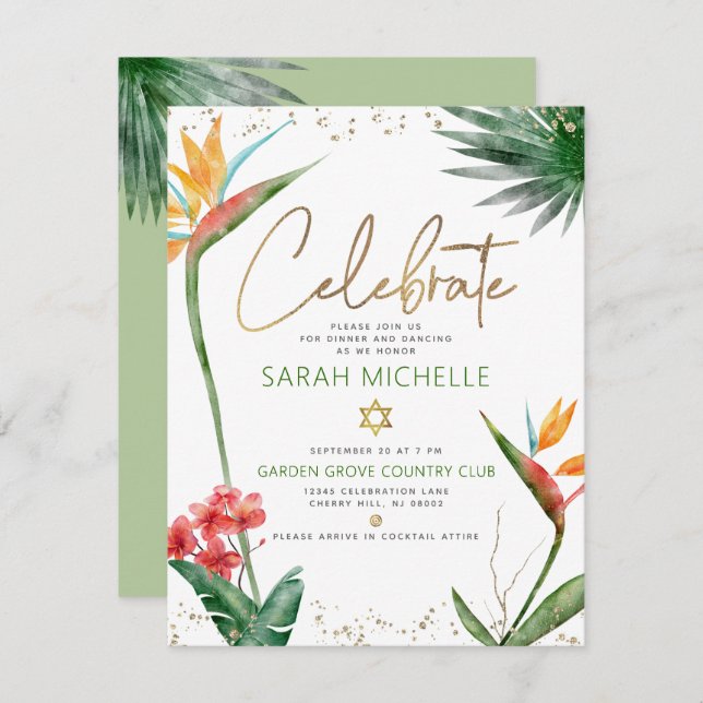Carte D'accompagnement Bat mitzvah Tropical Gold Script Floral Aquarelle (Devant / Derrière)