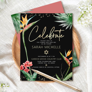 Carte D'accompagnement Bat Mitzvah Tropical Noir Or Floral Aquarelle