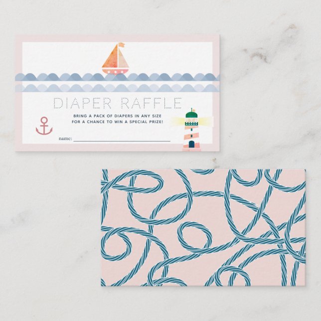 Carte D'accompagnement Bateau à voile et phare Pink Diaper Raffle TIcket (Devant / Derrière)
