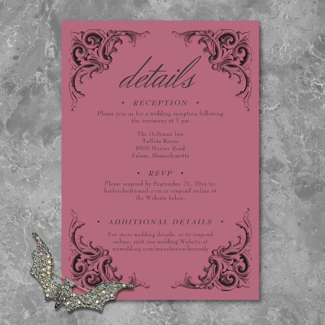 Carte D'accompagnement Batte victorienne jusqu'à la mort Mariage noir & v (Victorian Bat Until Death Black & Wine Wedding Enclosure Card)