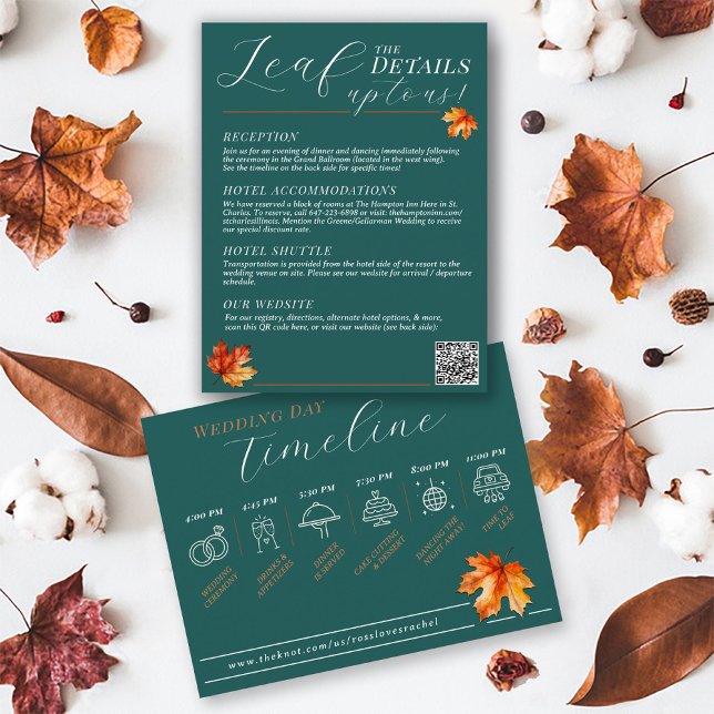 Carte D'accompagnement Be Leaf In Love Turquoise Rustic Détails du Mariag (Leaf Pun teal & rust BeLeaf in Love rustic fall leaves Autumn wedding details timeline infographic)