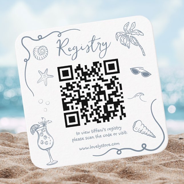 Carte D'accompagnement Beach Doodle QR Code Bridal Shower Registry (Créateur téléchargé)