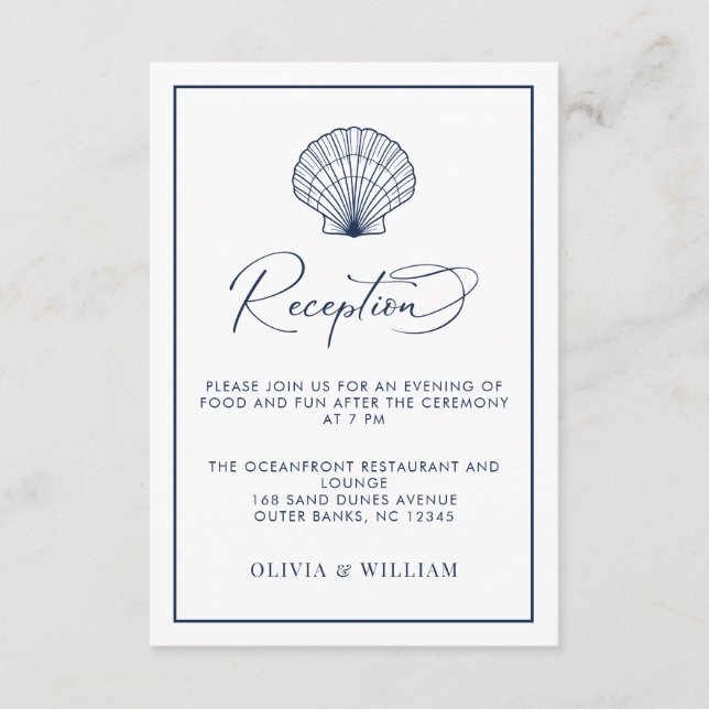 Carte D'accompagnement Beach Wedding Seashell Marine Blue Réception (Devant)