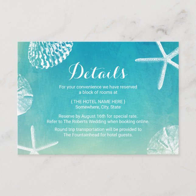 Carte D'accompagnement Beach Wedding Watercolor Seashells Détails (Devant)