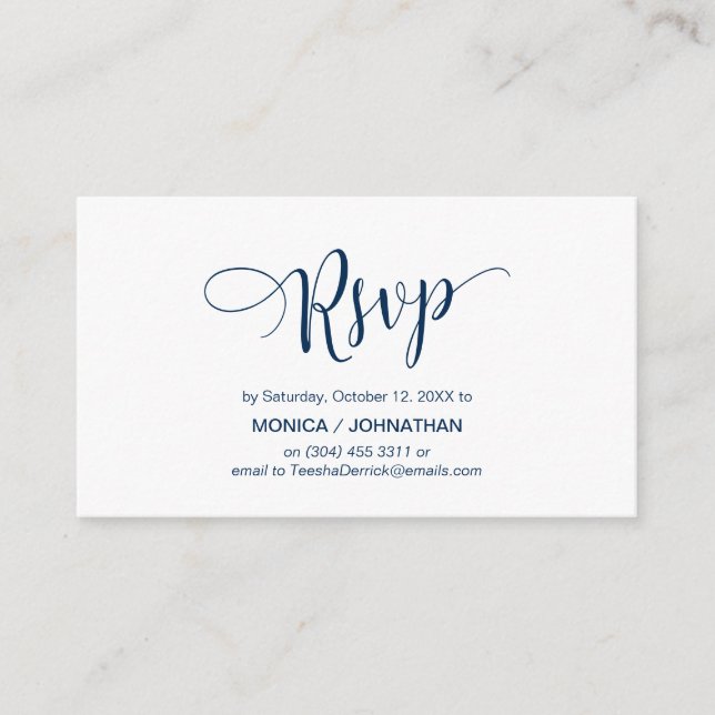 Carte D'accompagnement Beau Script, bleu marine, réponse RSVP (Devant)