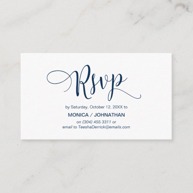 Carte D'accompagnement Beau Script, bleu marine, réponse RSVP (Devant)