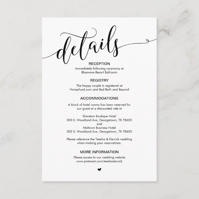 Carte D'accompagnement Beau, Script noir, Détails Mariage (Devant)