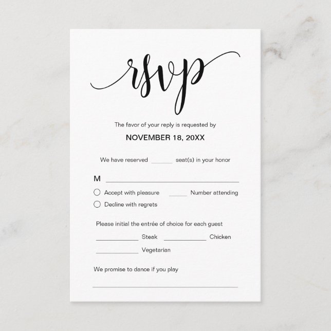 Carte D'accompagnement Beau script noir, RSVP, Répondre (Devant)
