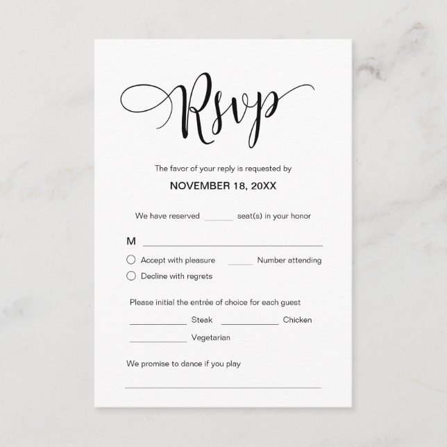 Carte D'accompagnement Beau script noir, RSVP, Répondre (Devant)