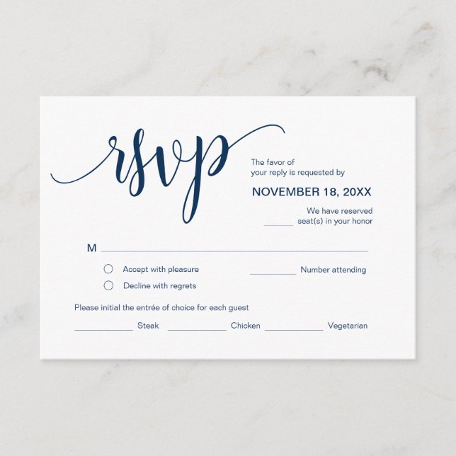 Carte D'accompagnement Beau script, RSVP, Bleu de marine, Répondre (Devant)